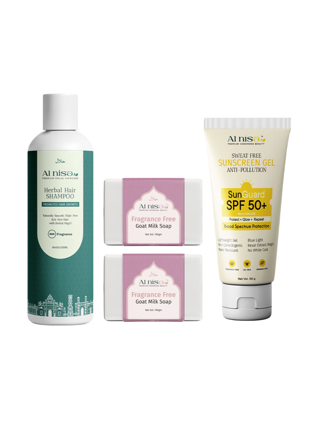 Al Nisa Set Of 4 Herbal Hair Shampoo- 100 ml - Sun SPF 50+ Sunscreen- 50 g & Soap- 100 g