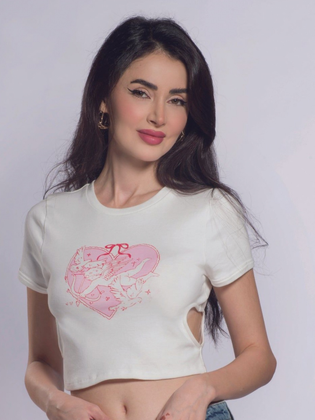 Virgio Women Snow Graphic Cutout Pure Cotton T-Shirt