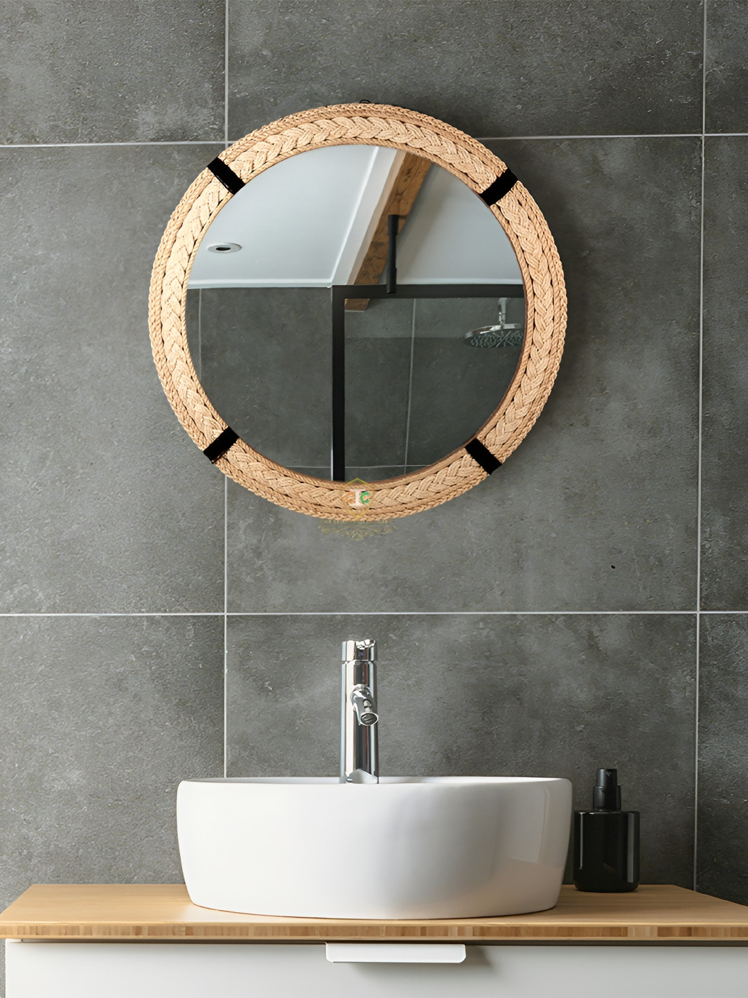 Creation India Craft Beige Round Shaped Textured Wall Mirror