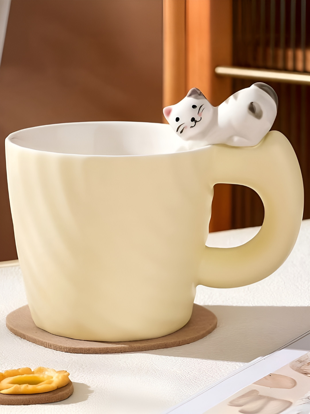 BonZeaL Cream-Coloured & White Solid 3D Ceramic Matte Mug 360 ml