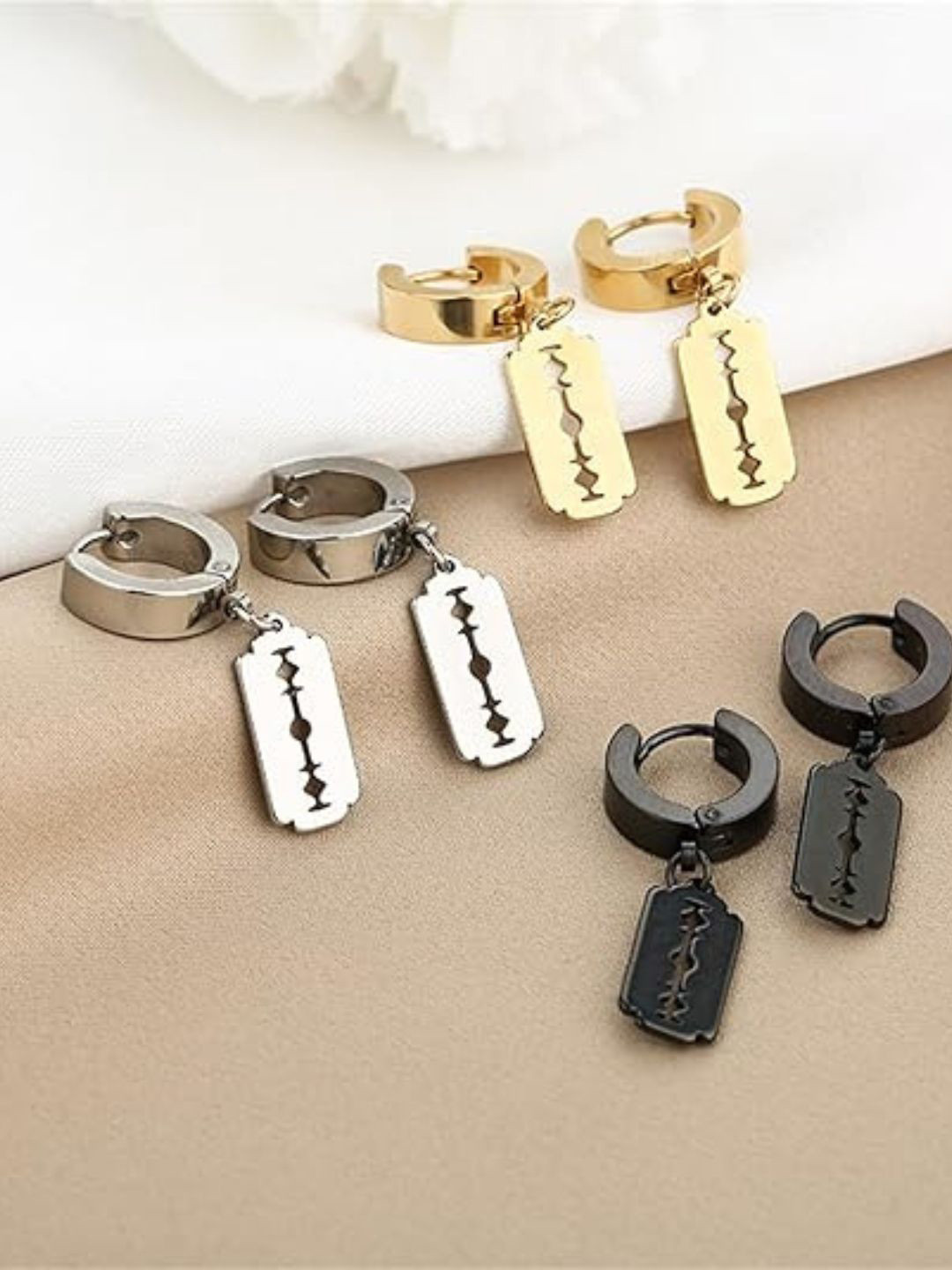 The Roadster Lifestyle Co Men Set Of 3 Stainless Steel Gold-Plated Blade Drop Earrings