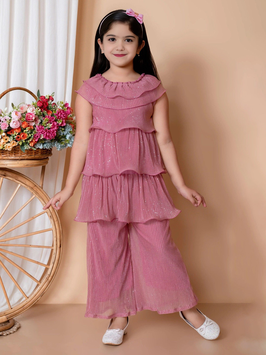 Katalyn Girls Striped Round Neck Tiered Ruffles Top With Palazzo