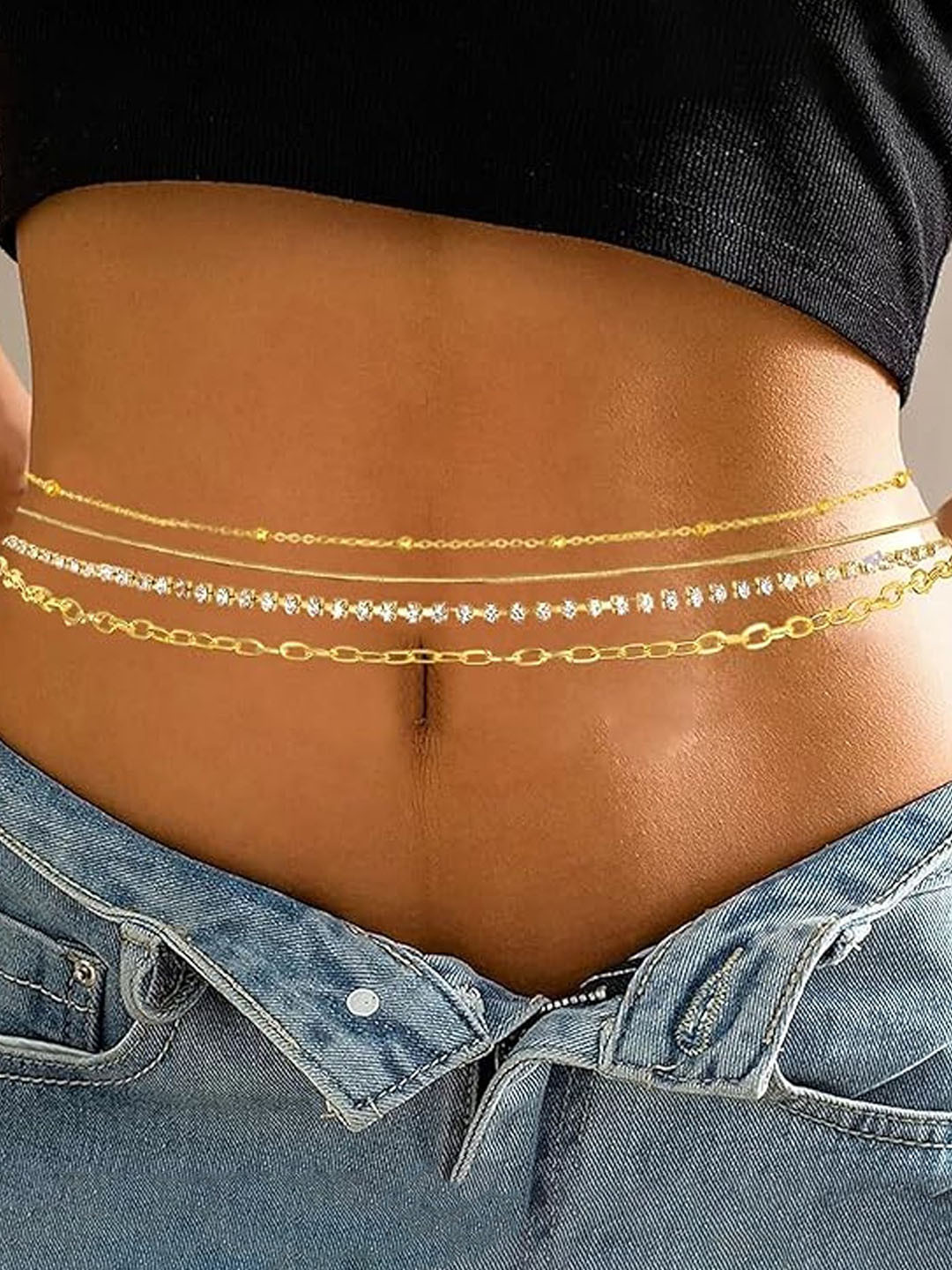 VAMA Set of 4 Rhinestone Studded 14KT Gold Plated Waist Chains