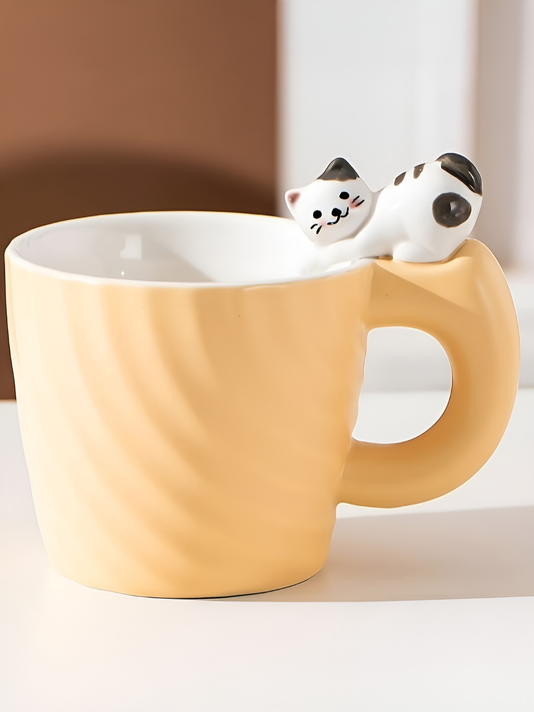 BonZeaL Yellow & White Textured Ceramic Matte Premium Cat Mug-360 ml