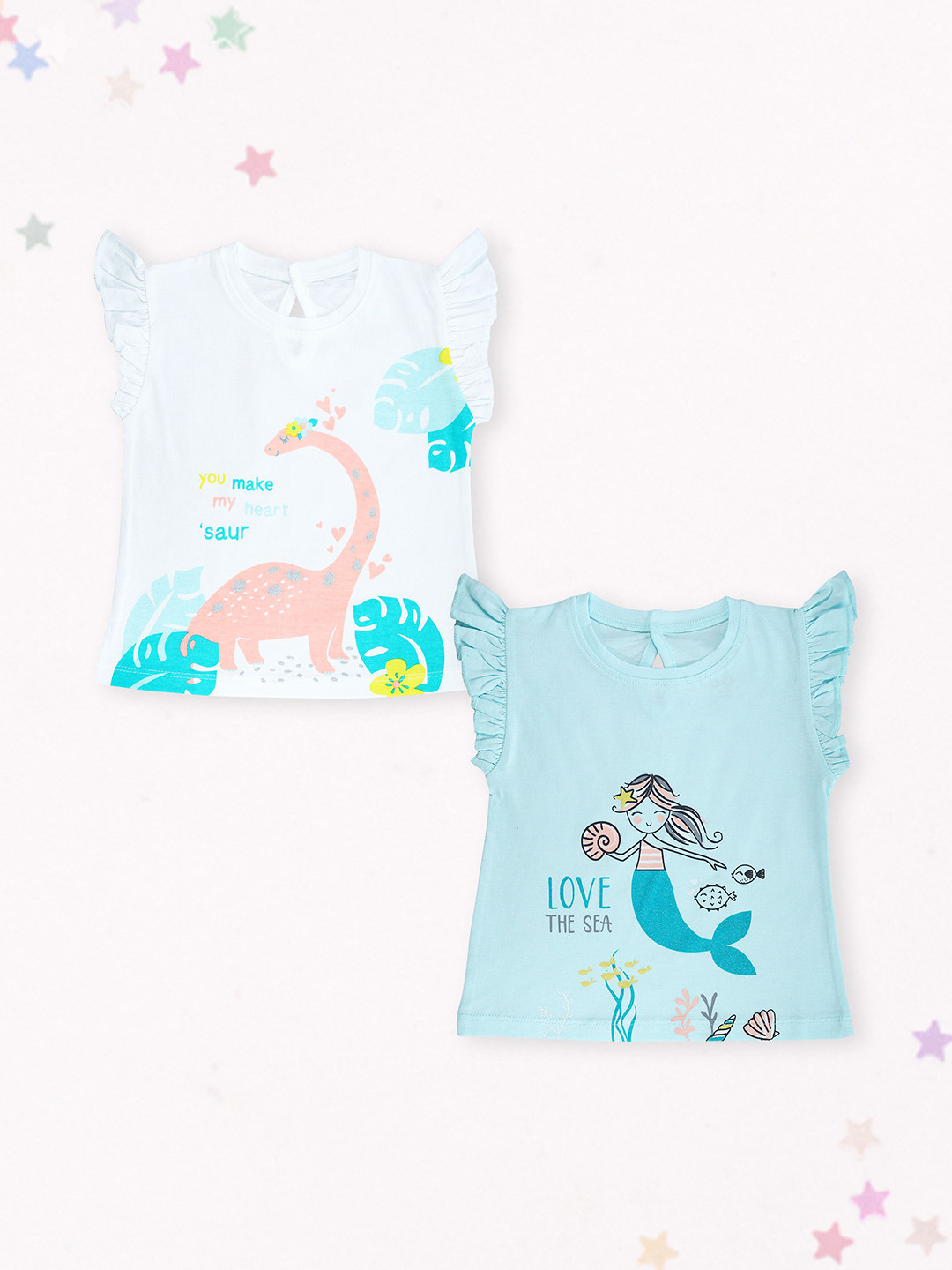 Miss & Chief Girls 2 Printed Petal Sleeves Pure Cotton Applique T-shirt