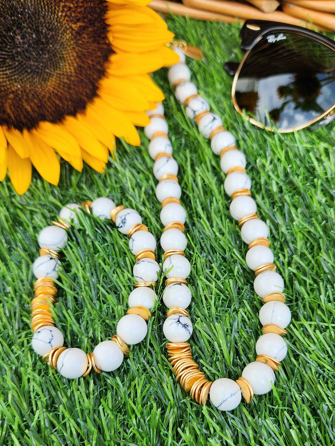 MNSH Gold-Plated Artificial Beaded Statement Howlite Ball Necklace