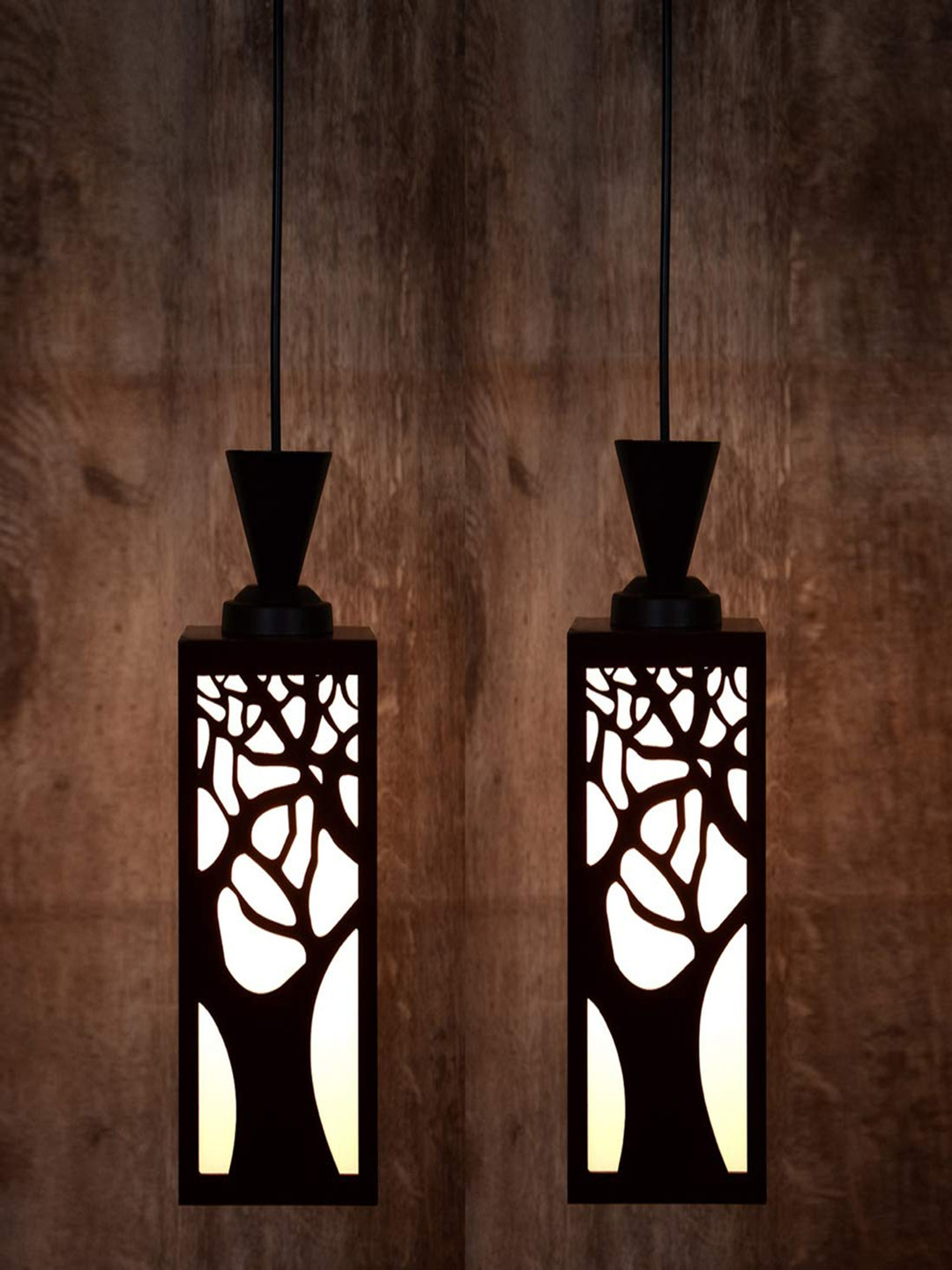 Gojeeva Black & White 2 Pieces Textured Rectangle Shaped Wooden Hanging Wall Lamps