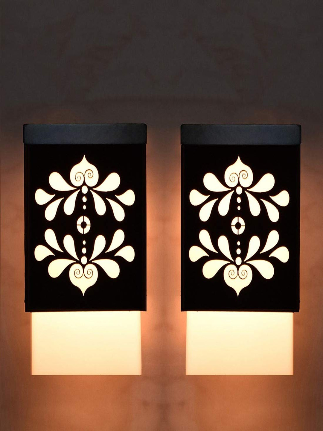 Gojeeva Black & White 2 Pieces Floral Textured Square Shaped Wooden Ceiling Wall Lamps