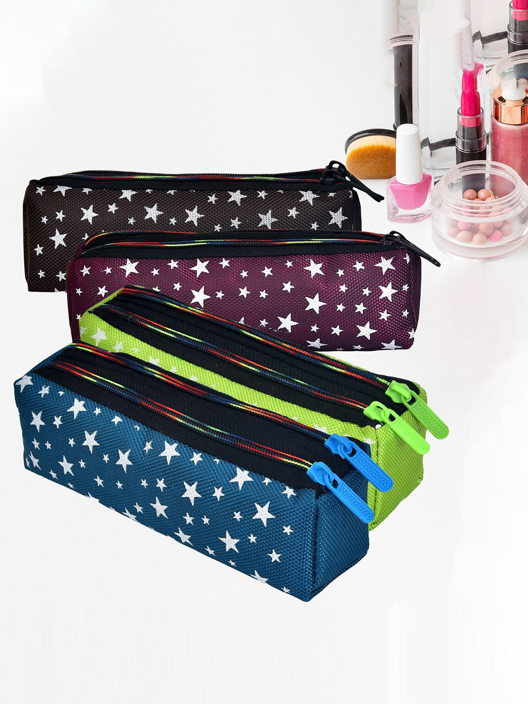 Kuber Industries 4-Pcs Green & Blue Printed Rexine Multi Utility Pouch