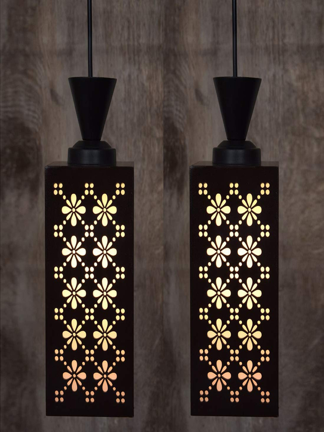 Gojeeva Black & White 2 Pieces Floral Textured Rectangle Shaped Wooden Hanging Wall Lamps
