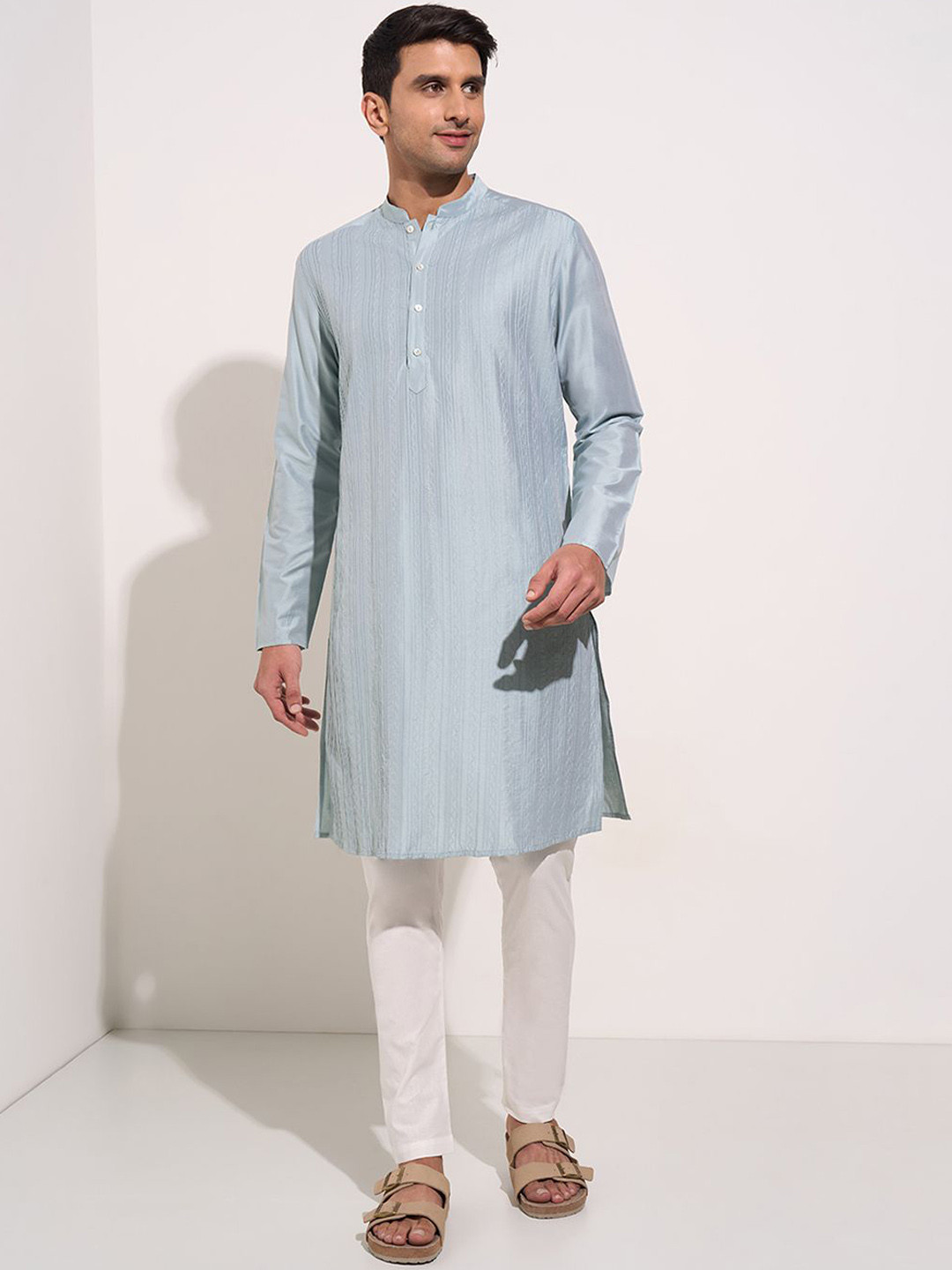 iindus route by Pantaloons Striped Printed Mandarin Collar Straight Kurta