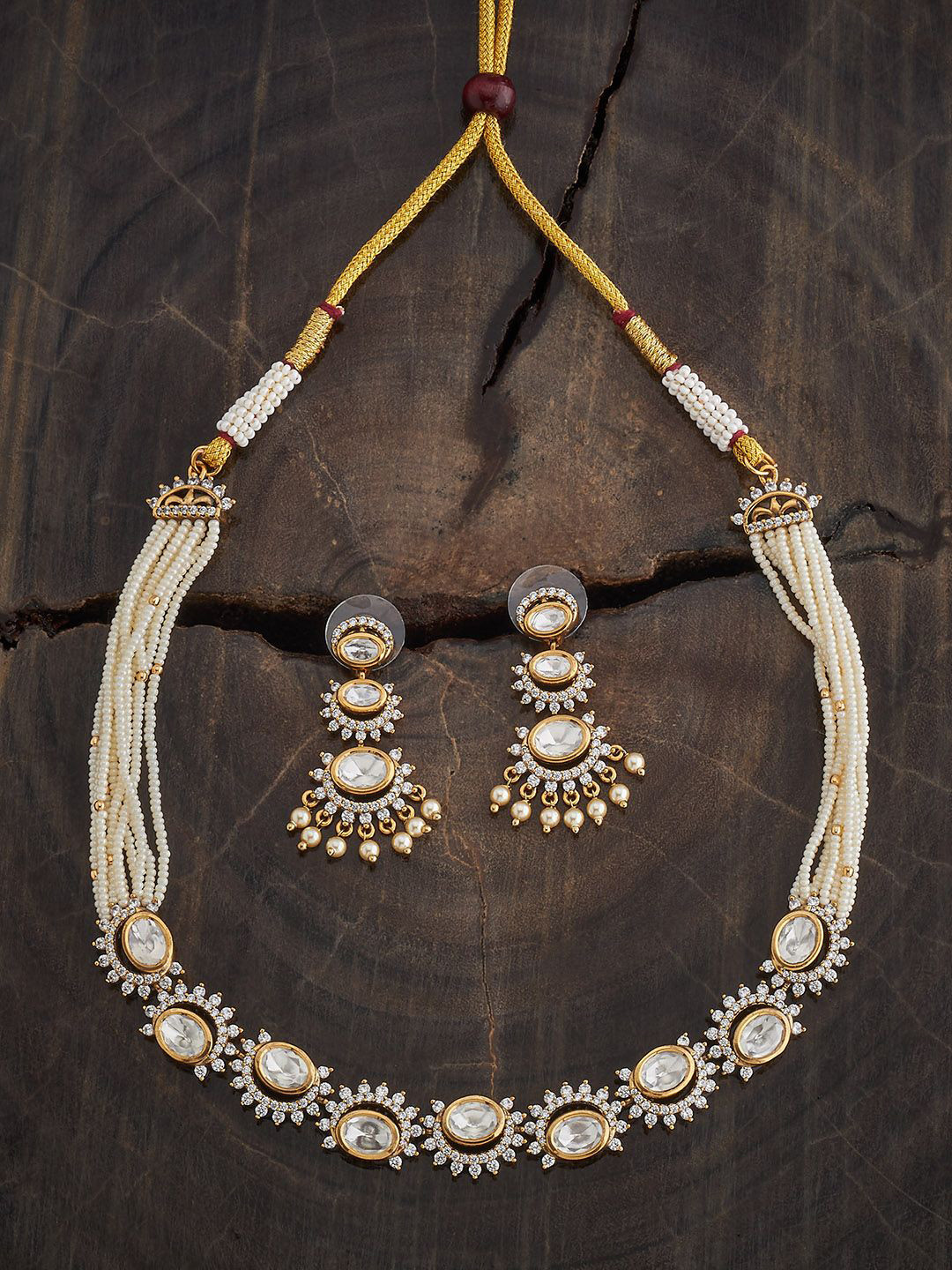 Kushal's Fashion Jewellery White Victorian-Plated Ethnic Kundan Jewellery Set