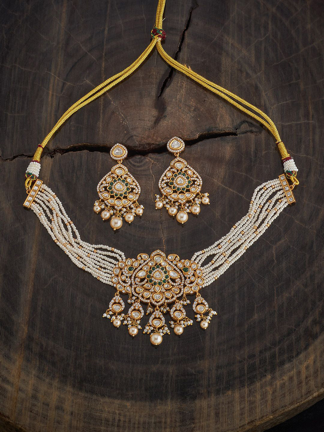 Kushal's Fashion Jewellery Green Victorian-Plated Ethnic Kundan Jewellery Set