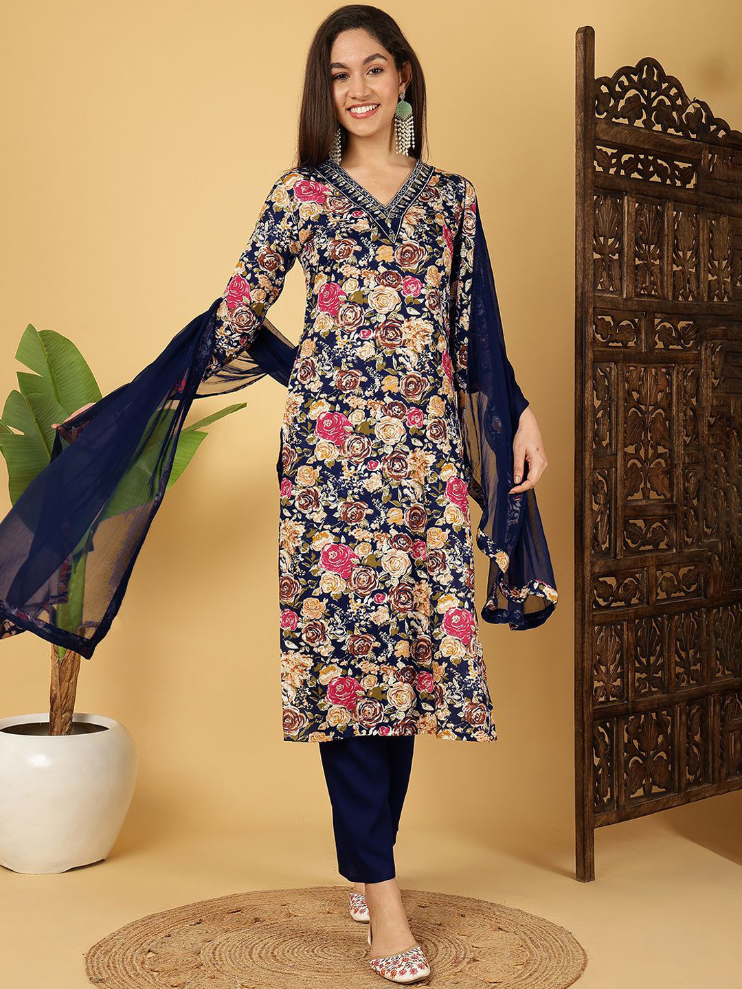 KALINI Floral Printed Thread Work V-Neck Pure Cotton Kurta with Trouser & Dupatta