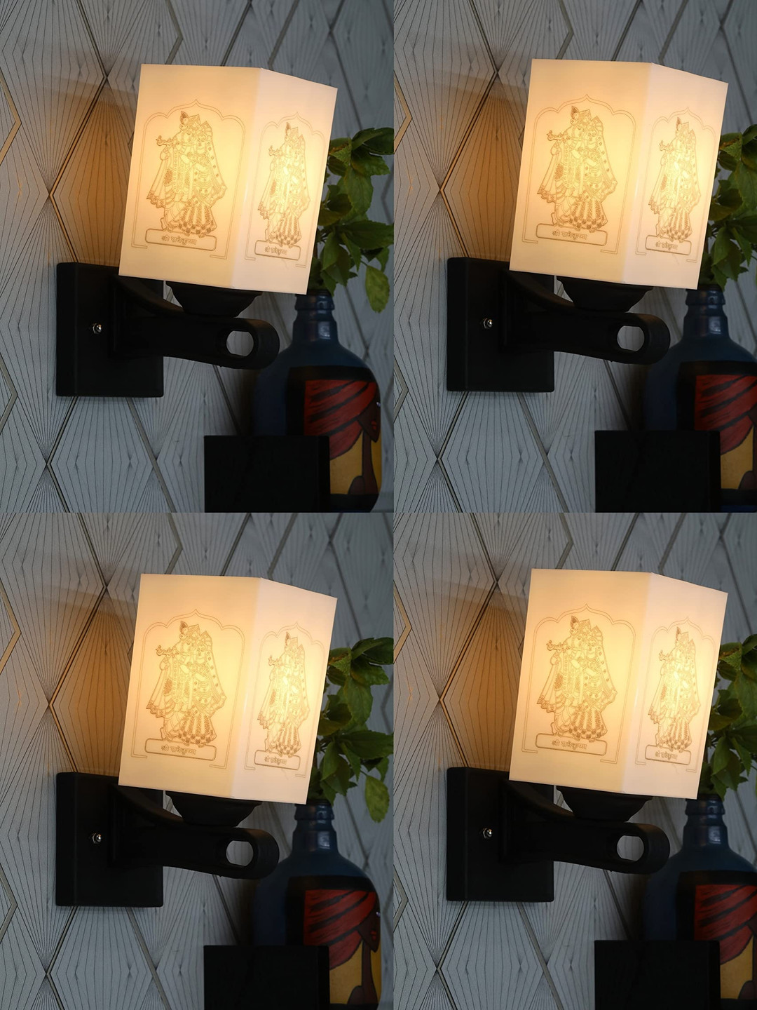 Gojeeva White & Black 4 Pieces Printed Rectangle Shaped Metal Wall Lamps