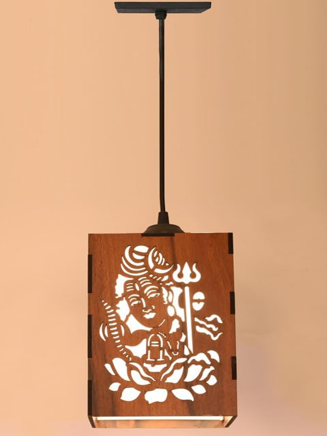 Gojeeva Brown & White Lord Shiva Textured Wooden Rectangle Shaped Celling Lamp
