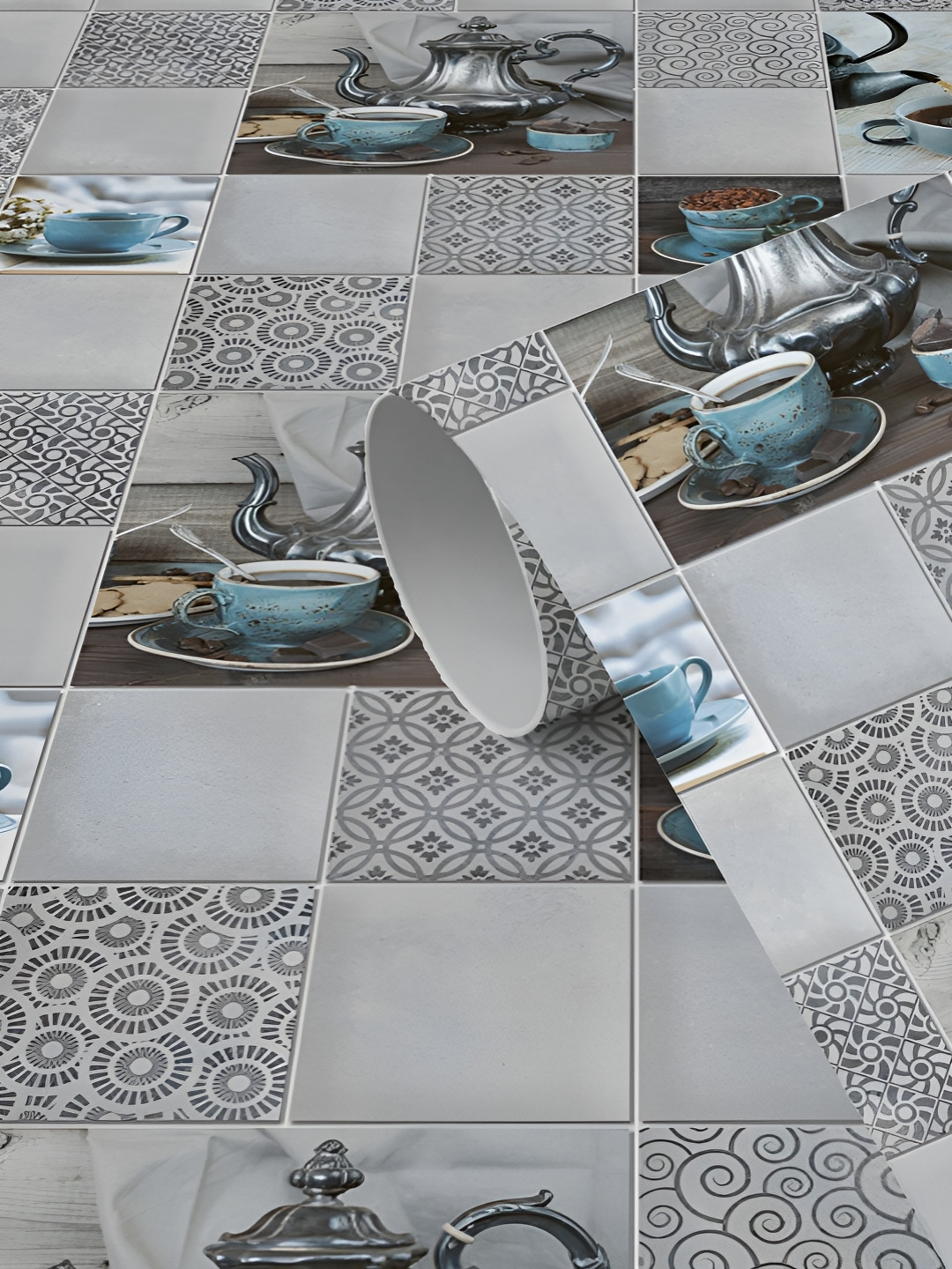 WallDaddy Grey & Blue Kitchen Ketli Printed Self Adhesive Wallpaper