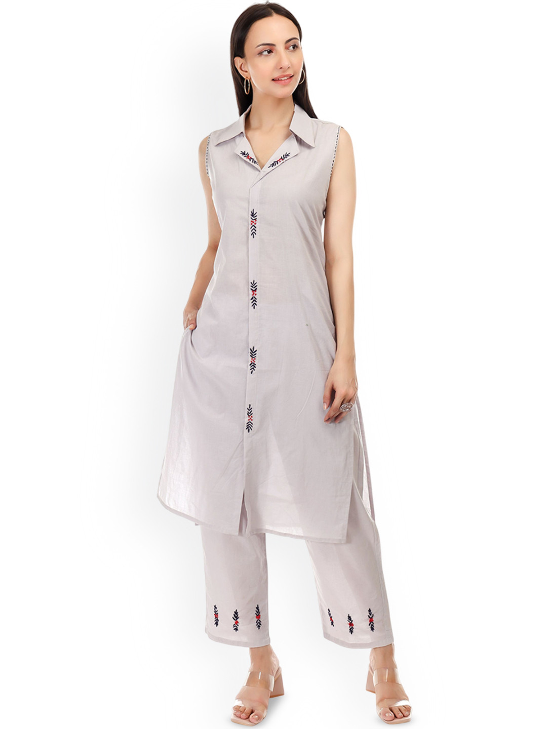 JAITRA APPARELS Sleeveless Shirt Collar Sleeveless Top With Trouser Co-Ords