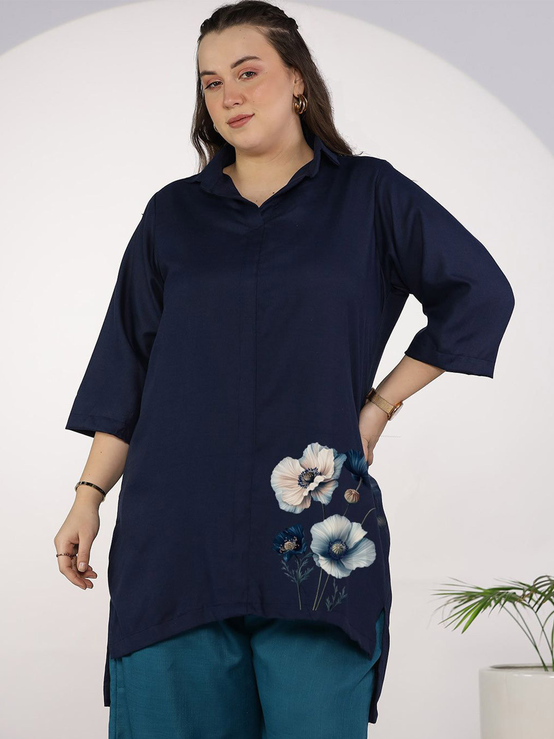 LetsDressUp Women Plus Size Navy Cotton Slub Top Moonlit Charm