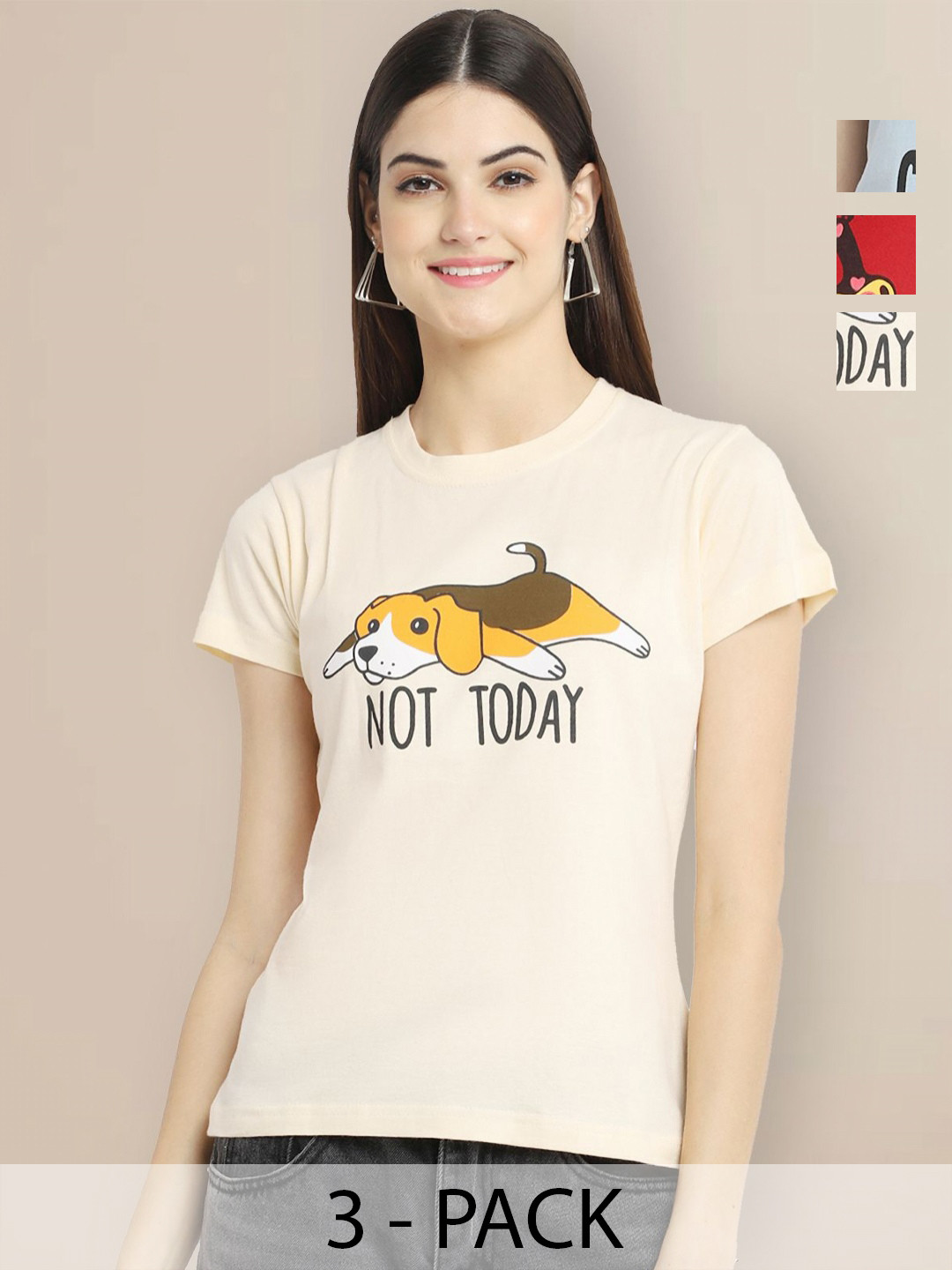 Metronaut Women Pack of 3 Tom & Jerry Graphic Printed Round Neck Cotton T-shirts