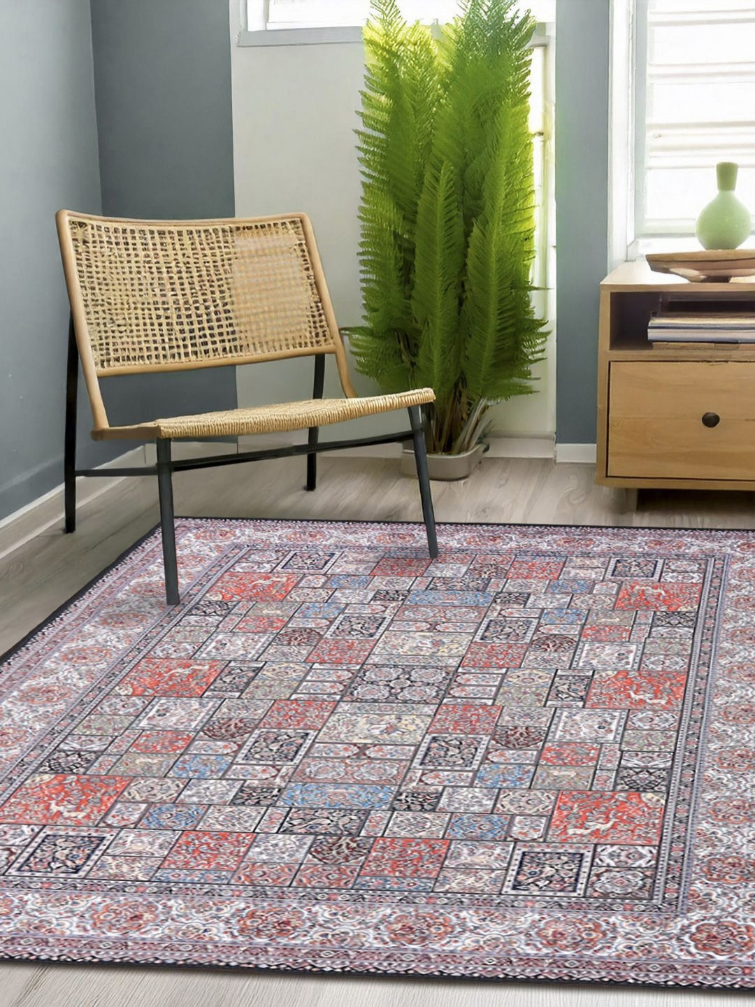 Status Peach & White Traditional Printed Microfiber Anti Skid Carpet