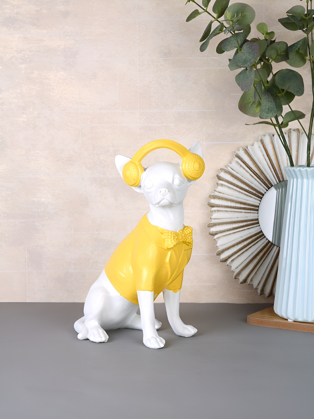 TAYHAA Stylish Dog with Headphones White Polyresin Matte Living Room Medium Showpiece - 5.5 Inches