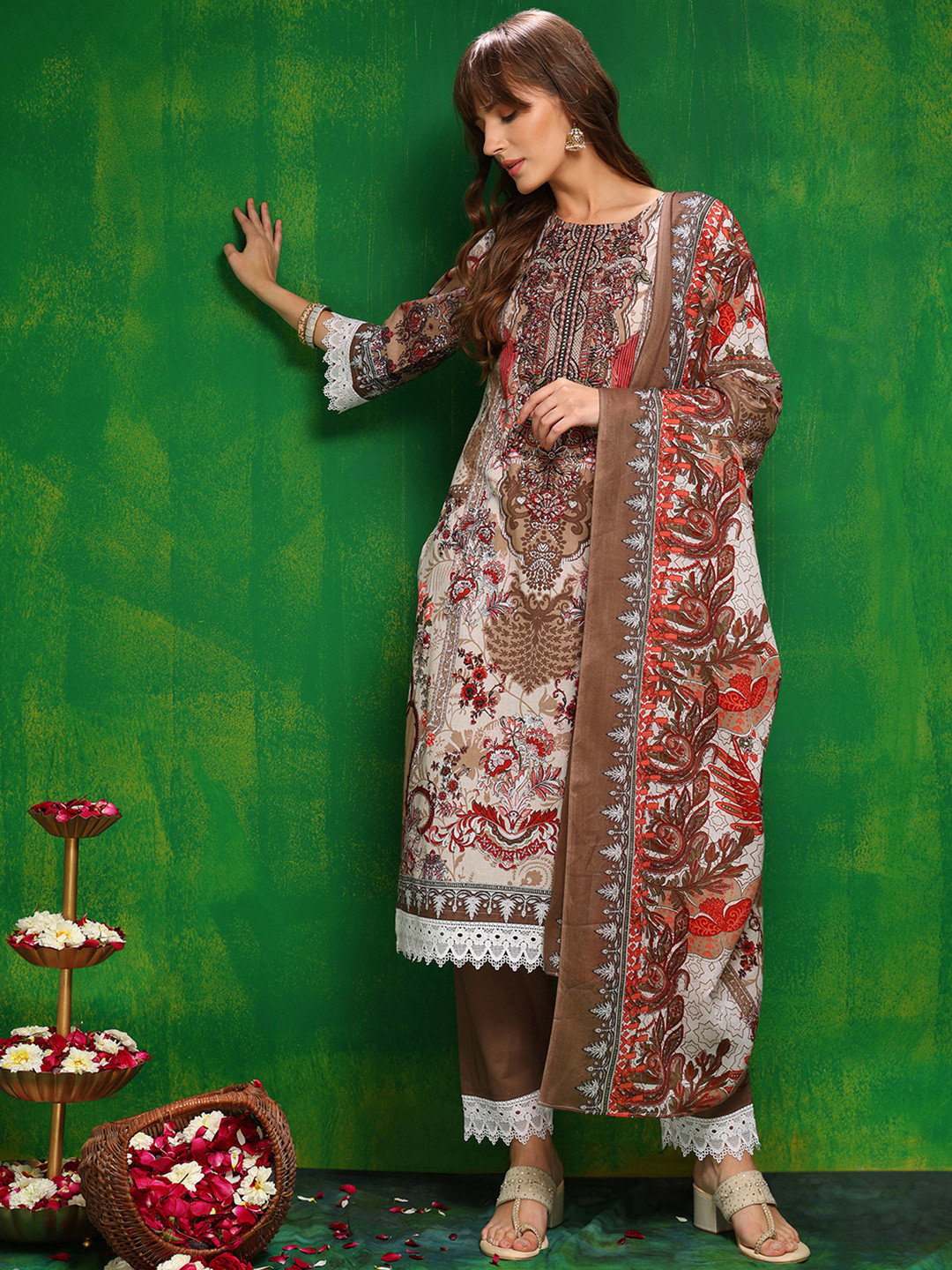 KALINI Floral Printed Round Neck Cambric Cotton Straight Kurta With Trousers & Dupatta