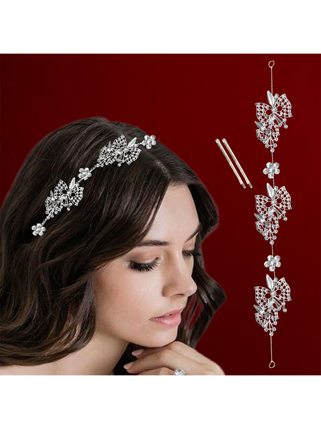 LYKAA Set of 1 Silver Crystal Pearl Tiara Matha Patti Headband Bridal Jewelry