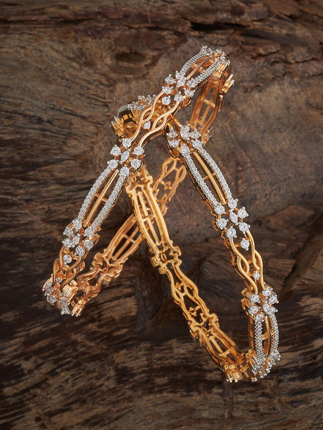 Kushal's Fashion Jewellery Set Of 2 Rhodium Gold-Plated Cubic Zircon Studded Bangles