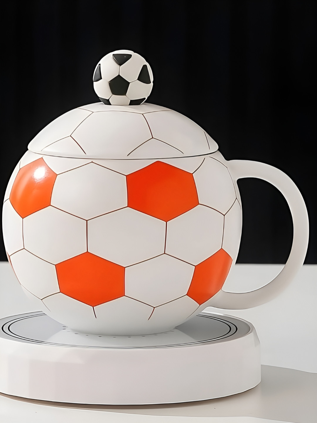 BonZeaL White & Orange Checked Printed Ceramic Glossy Soccer Football Mug-400 ml