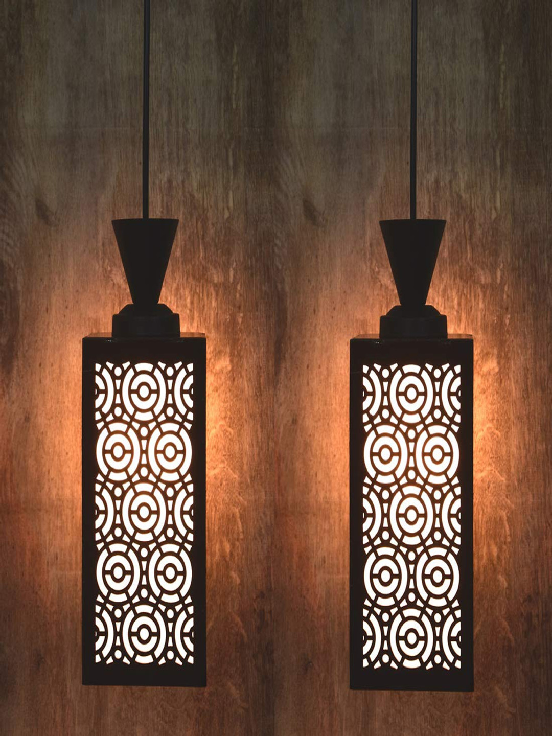 Gojeeva Black & White 2 Pieces Textured Rectangle Shaped Wooden Hanging Wall Lamps