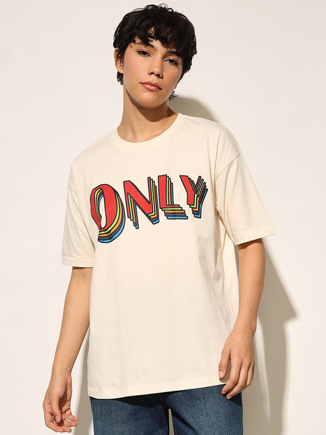 ONLY Women Brand Logo Printed Drop-Shoulder Sleeves T-shirt