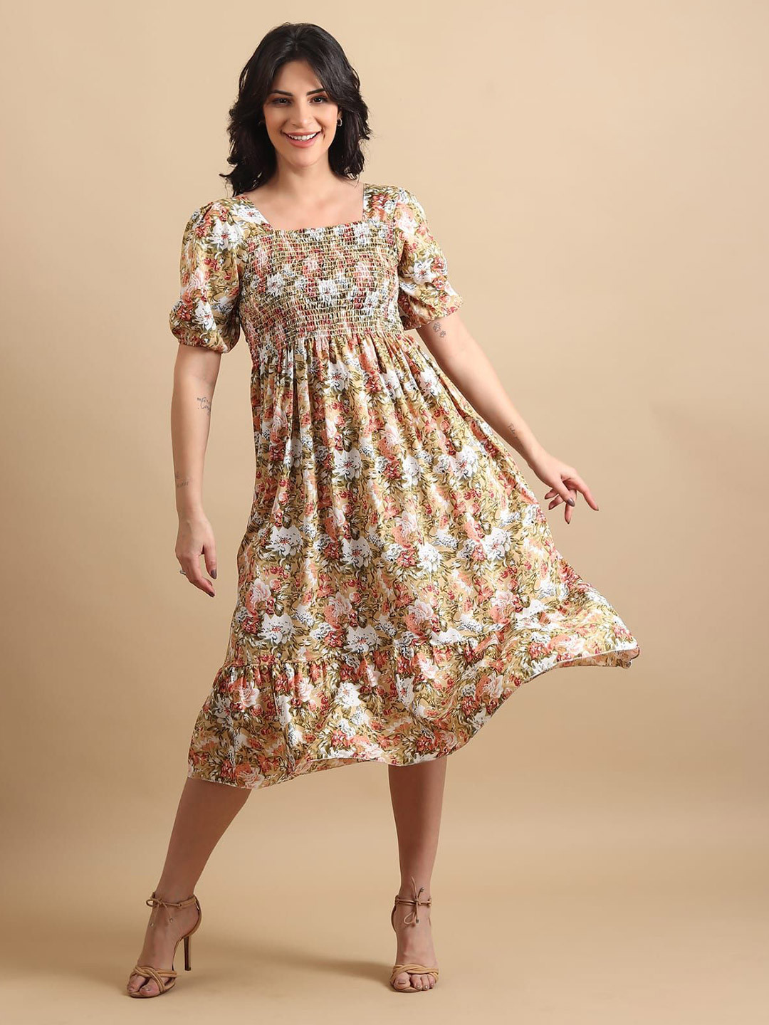 CROWN CREATION Floral Print Puff Sleeve Crepe Fit & Flare Midi Dress