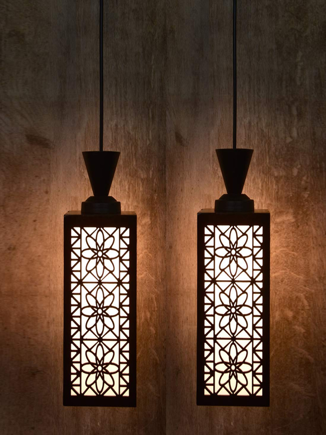 Gojeeva Black Black & White 2 Pieces Textured Wooden Rectangle Shaped Wall Hanging Lamps