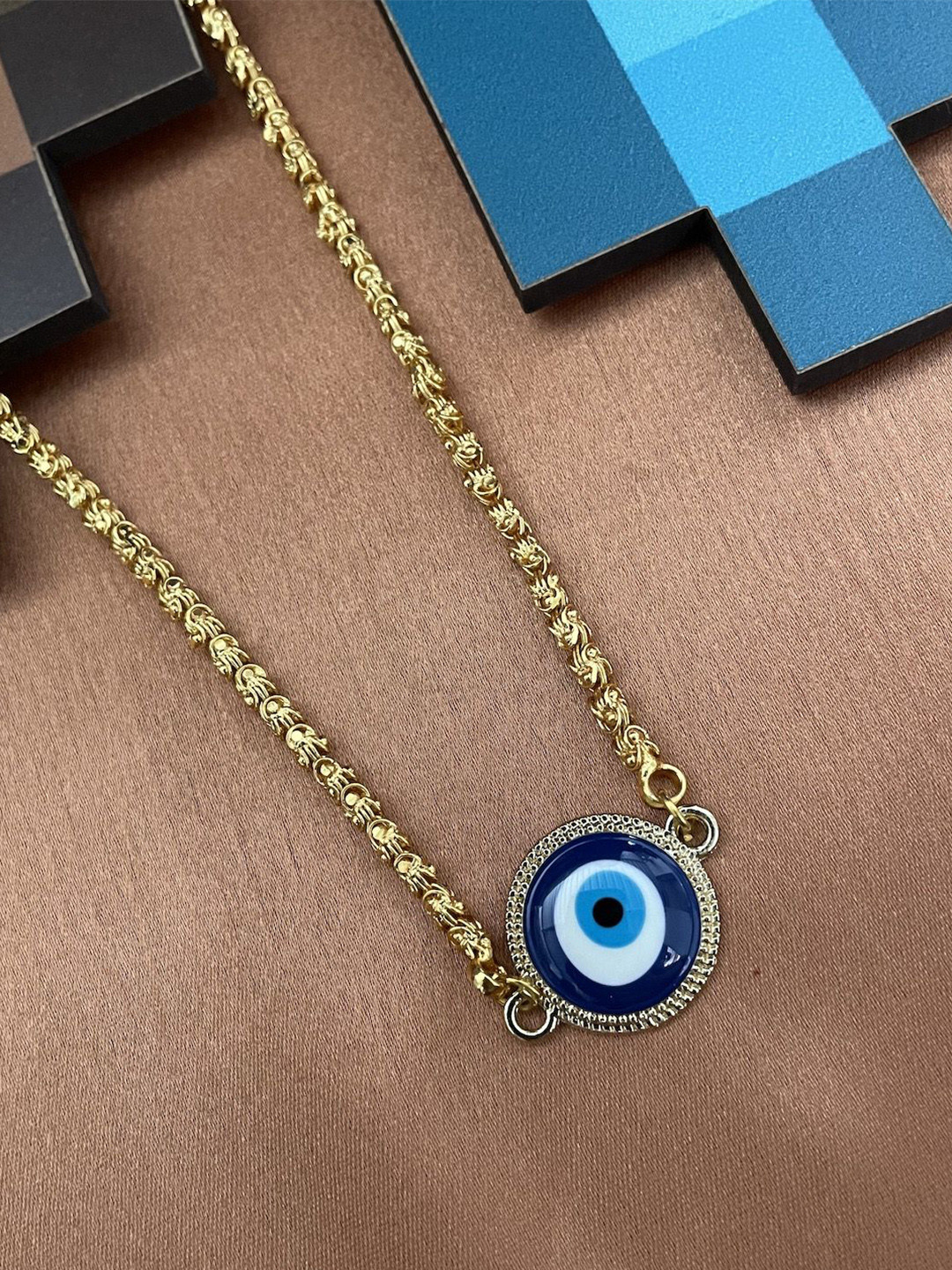 Digital Dress Room Brass Gold-Plated Statement Evil Eye Pendant Chain Short Necklace