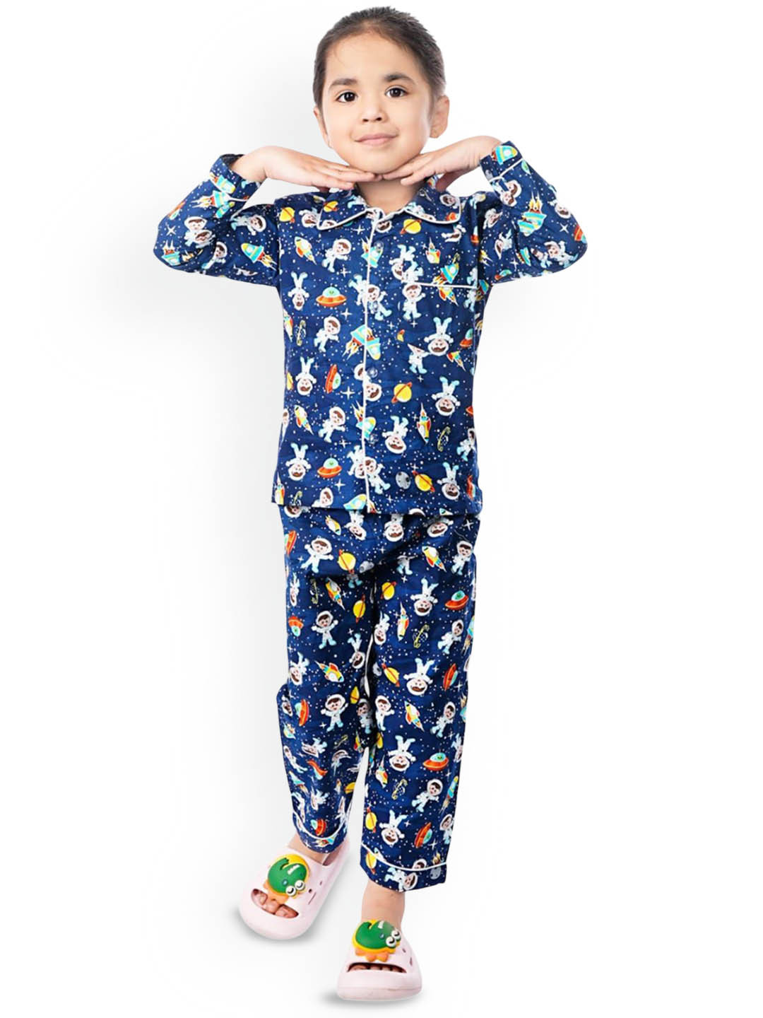 BURBN Girls Graphic Printed Shirt Collared Buttoned Top & Bottom Night suit