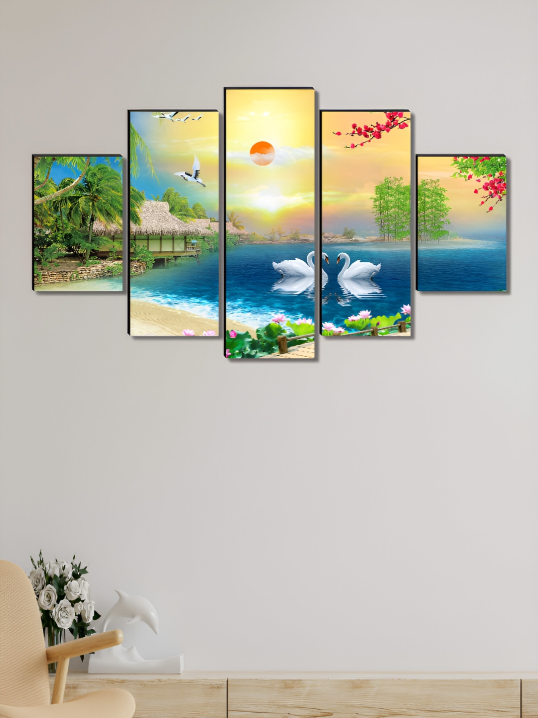 Aura Blue & Green 5 Pieces Ganesha Canvas Floral and Botanical Wall Paintings