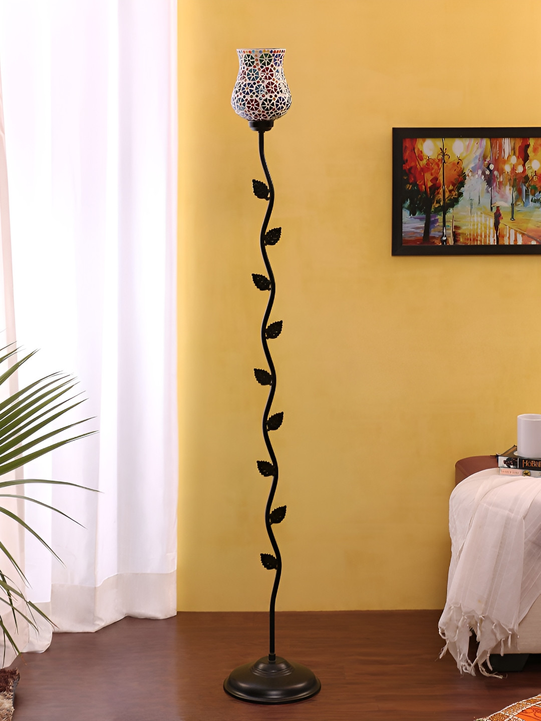 Devansh Black & Red Printed Glass Bell Shaped Floor Lamp