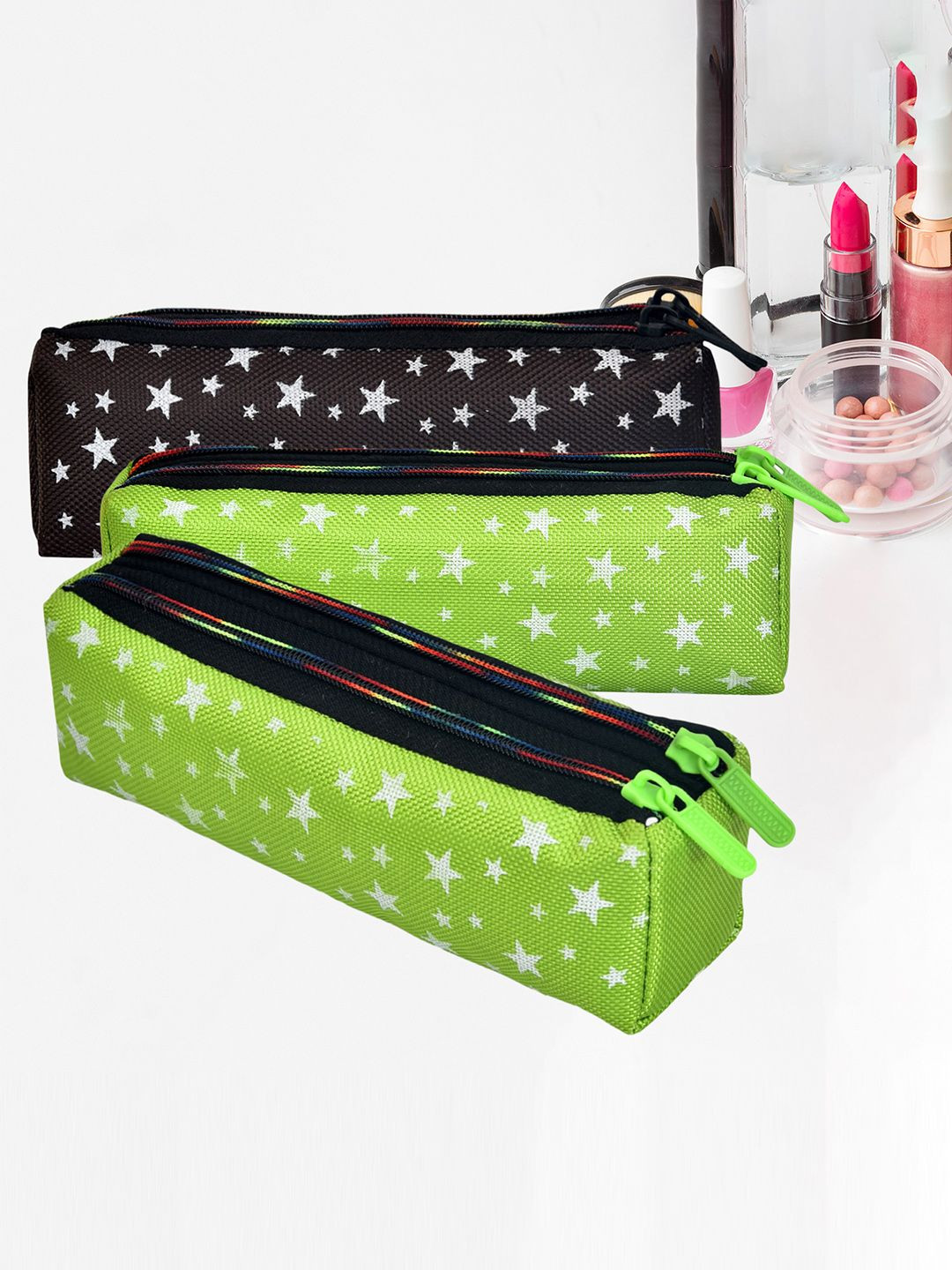 Kuber Industries 3Pcs Green & Black Printed Rexine Multi Utility Pouch