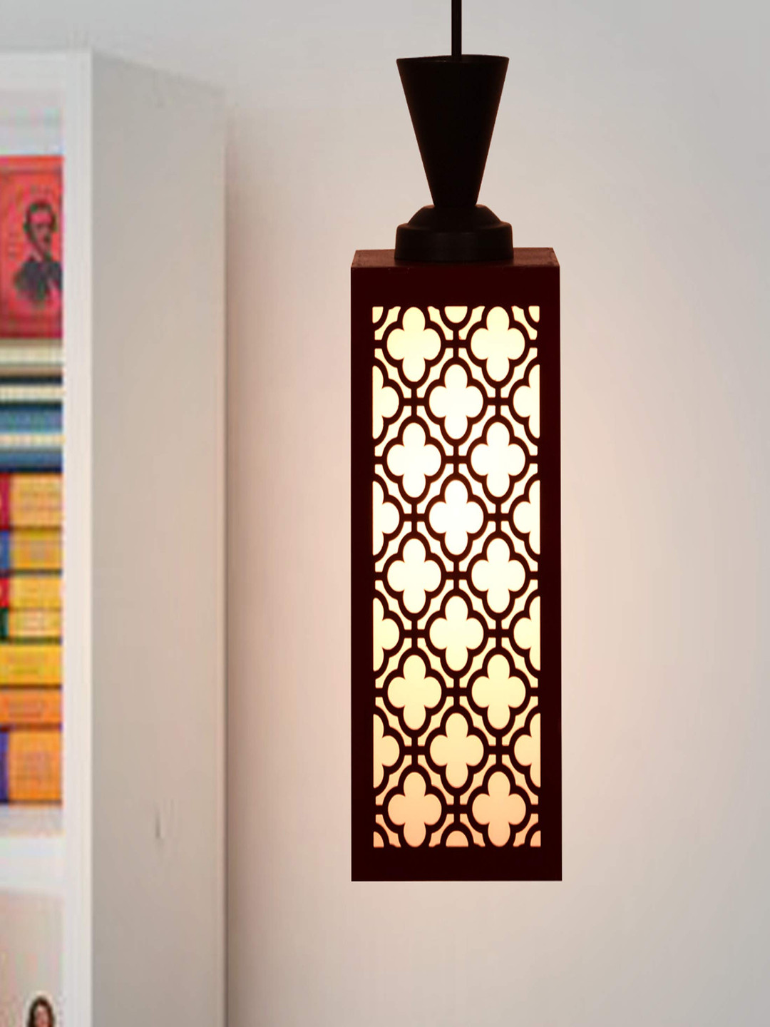 Gojeeva Red & White Textured Wooden Rectangle Shaped Wall Hanging Lamp