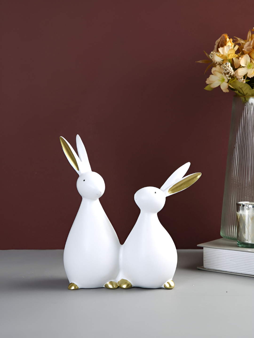 TAYHAA Tipped Rabbit Pair White Polyresin Matte Living Room Small Showpiece - 7.5 Inches