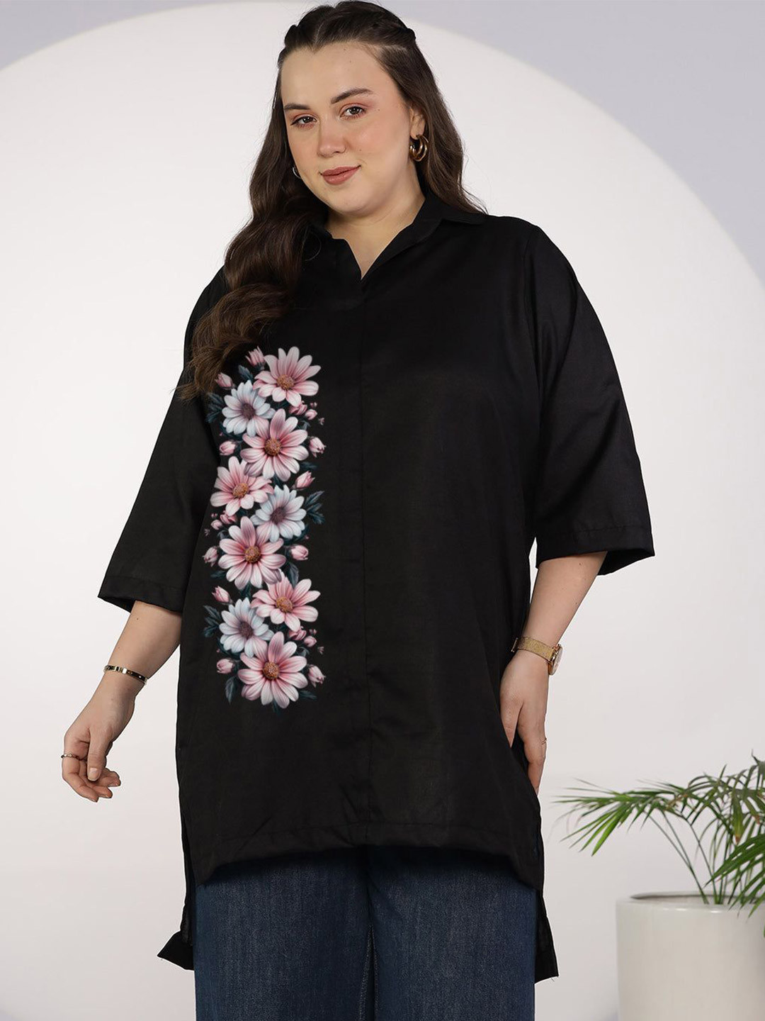 LetsDressUp Women Plus Size Black Cotton Slub Top Sunshine Daisy Top