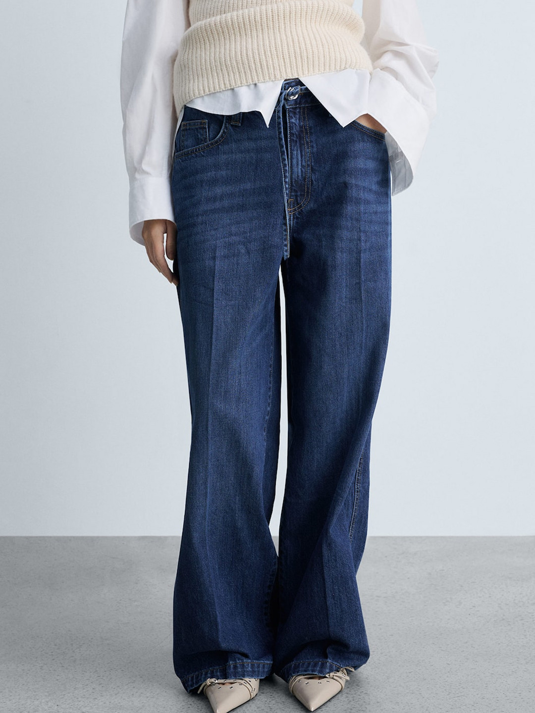 MANGO Women Pure Cotton Wide Leg Light Fade Jeans With Fabric Belt