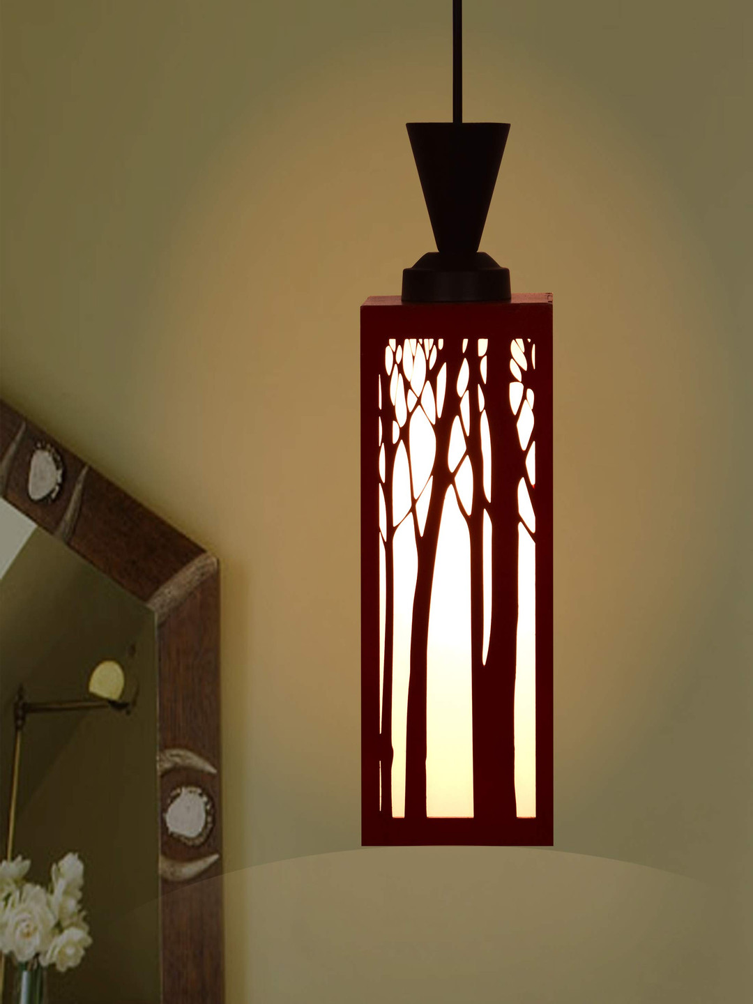 Gojeeva Red and White Wooden Textured Contemporary Rectangle Shaped Wall Lamp