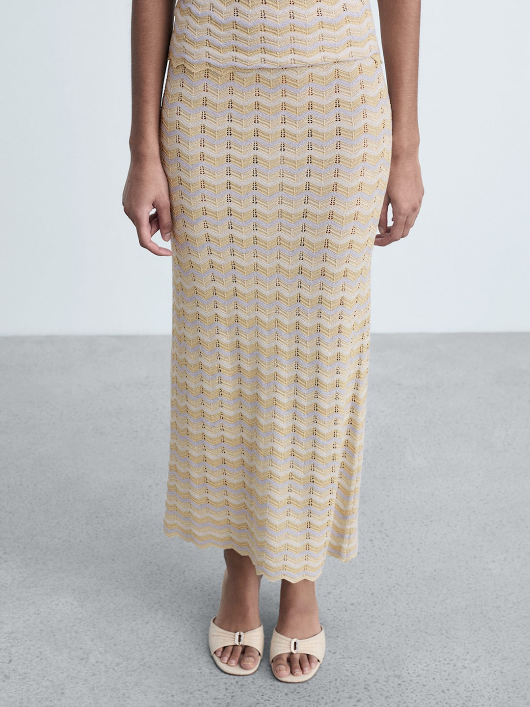 MANGO Lurex Detailed Knitted Straight Scalloped Flare Hem Maxi Skirt