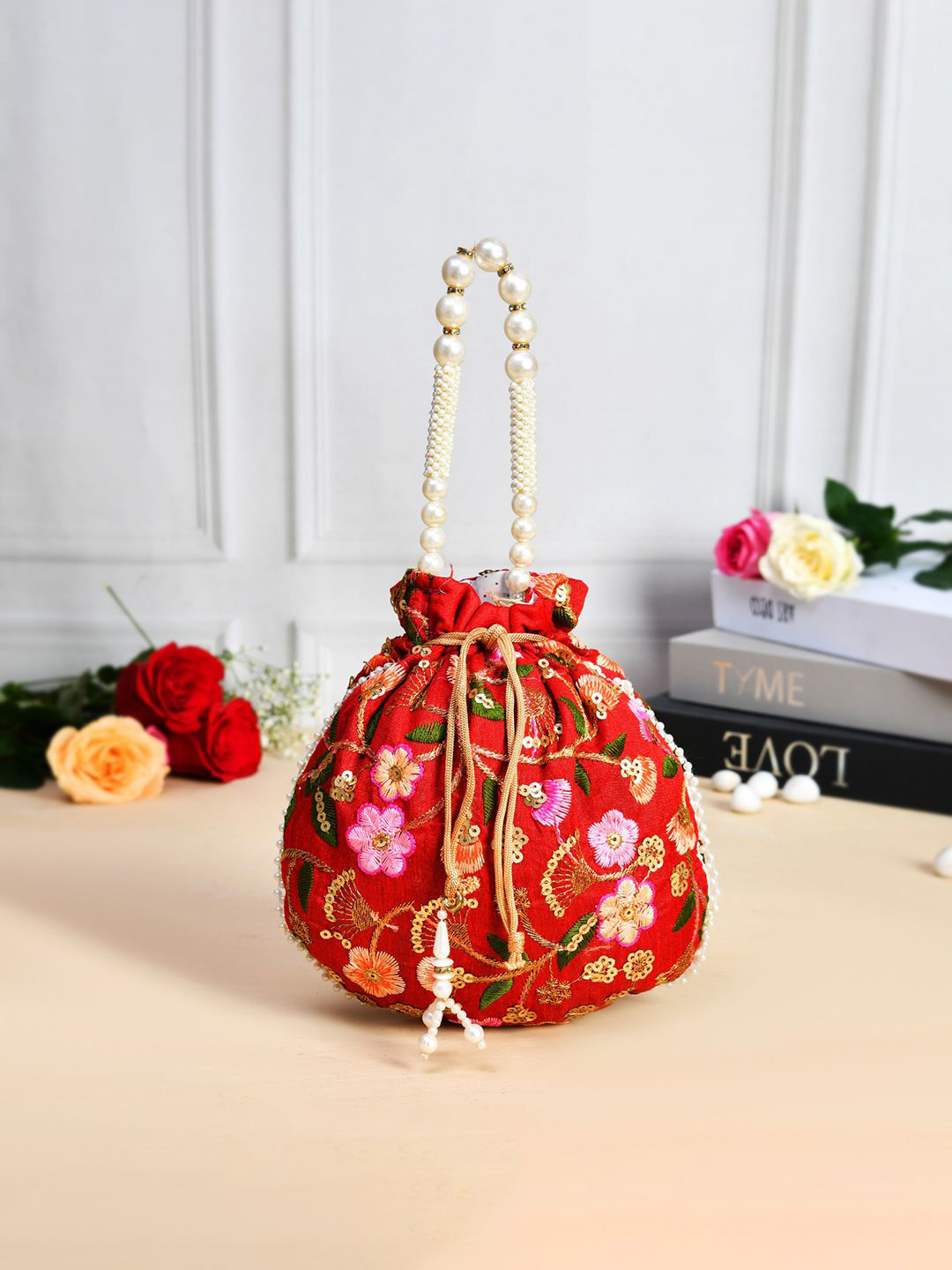 Kuber Industries Silk New Maroon Embellished Potli Clutch
