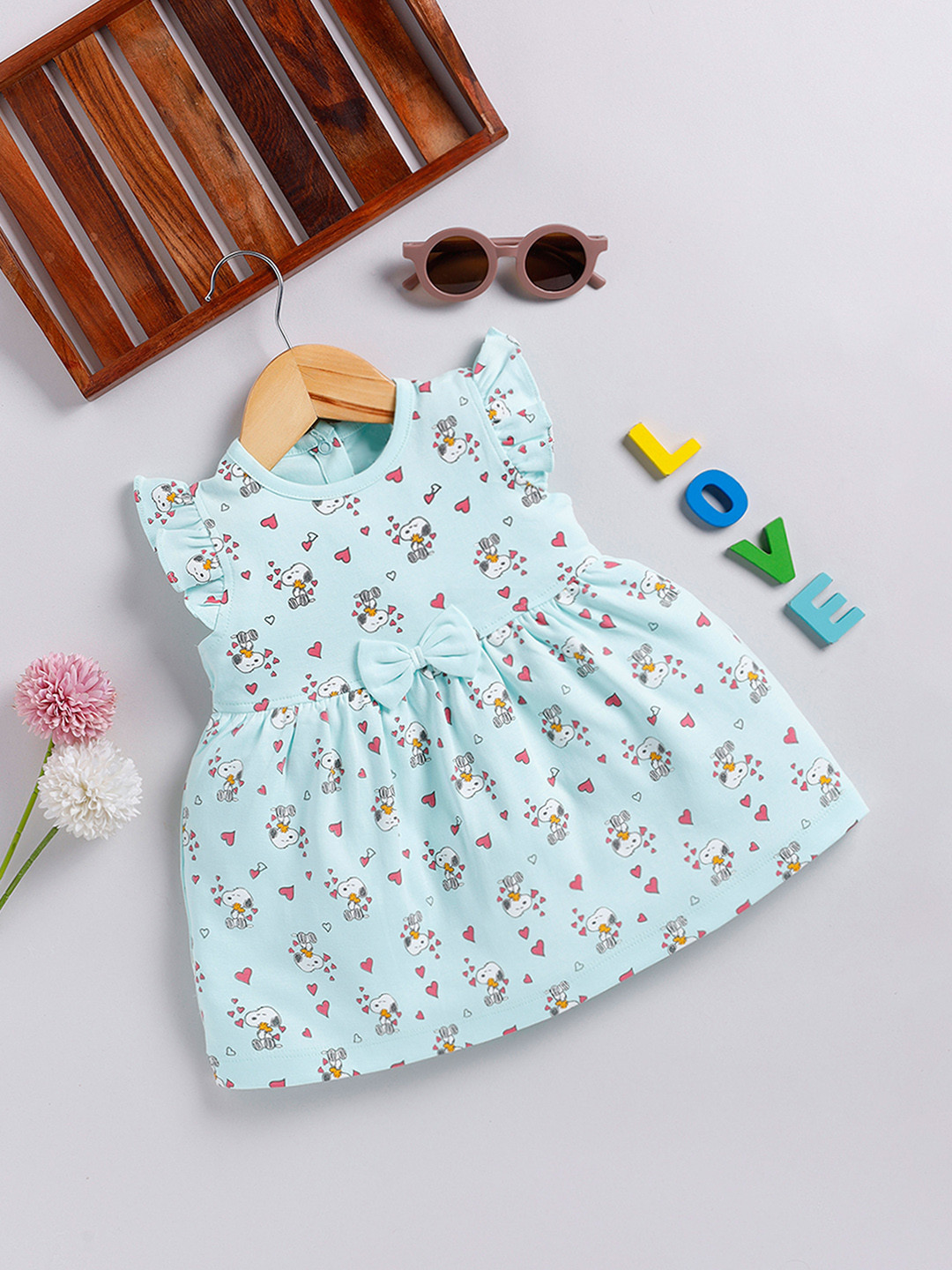 YK X Tinyo Girls Printed Flutter Sleeve Fit & Flare Dress
