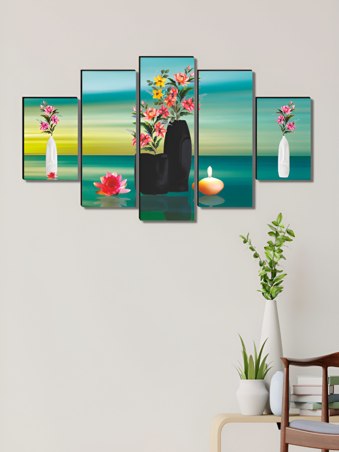 Aura Flowers Green Wood 5 Pcs Wall Living Room Rectangle Paintings Wall Art -30 x 18In