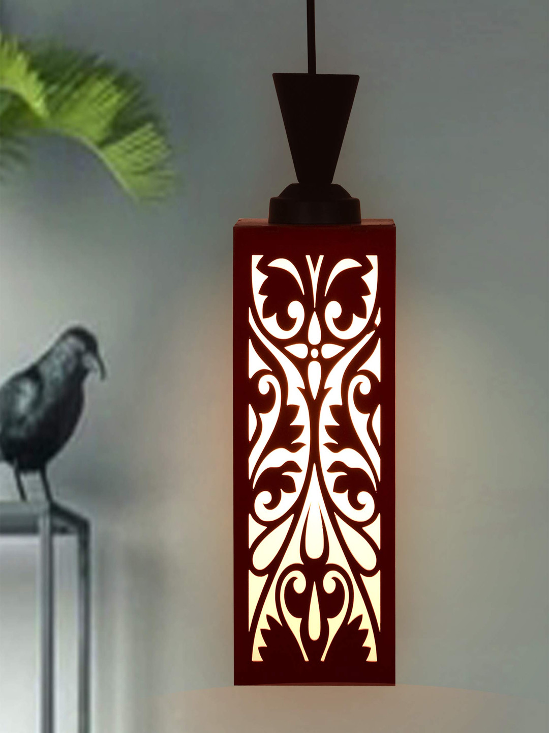 Gojeeva Red and White Textured Wooden Contemporary Rectangle Shaped Ceiling Lamp