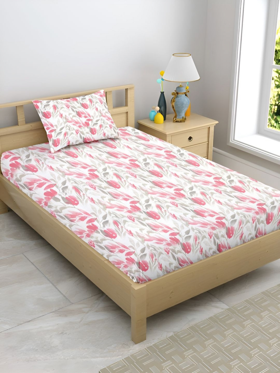 Enchant Home Glory Pink Floral Cotton Breathable 210 TC Single Fine Bedsheet with a Pillow Cover-59 x 89 inches